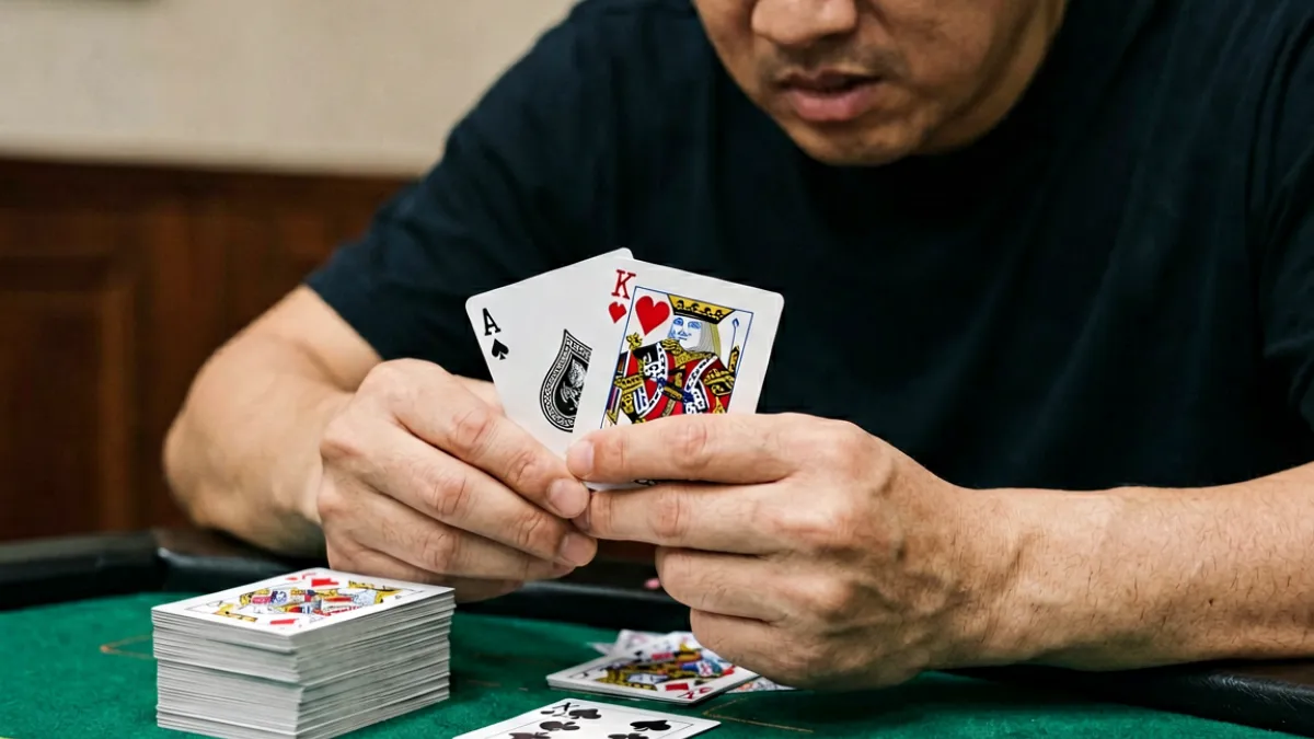 78摸牌局尾盘特写：玩家手持三张高点数散牌，桌面弃牌堆厚实，摸牌堆几乎耗尽，体现关键决策时刻