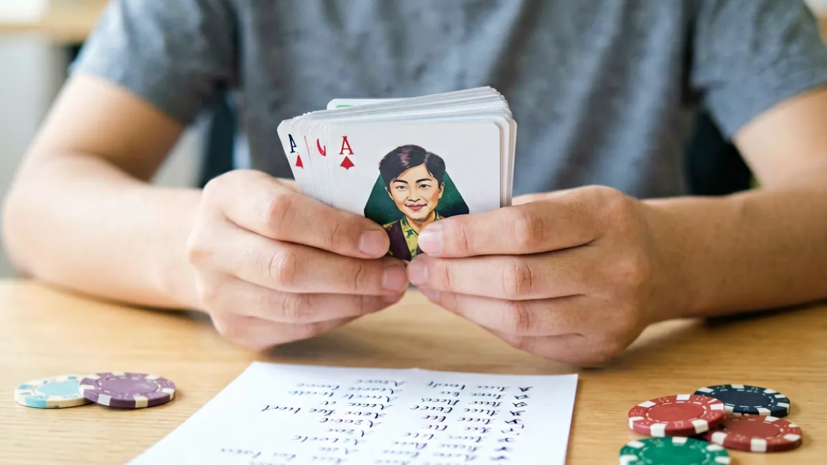 78摸玩法入门示意图——新手玩家手持牌组，桌面上摆放着规则说明卡片与筹码