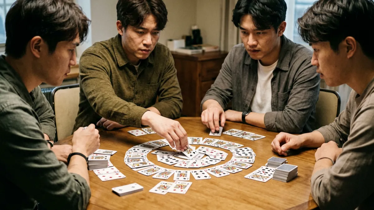 78摸牌局精选复盘——多位玩家围坐牌桌，画面呈现一局关键摸牌节点的特写